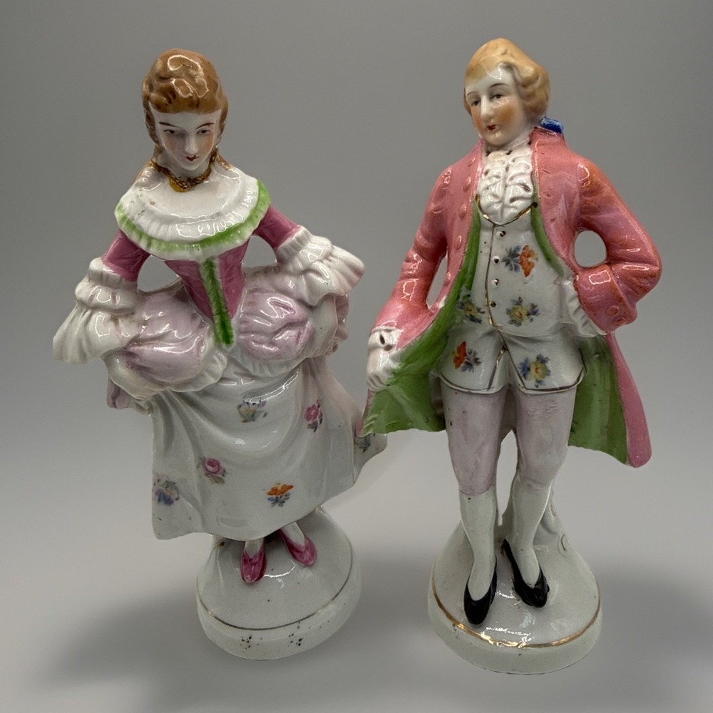 Pair Vintage Occupied Japan Porcelain Victorian Man Woman Figurines 1945-1952 6"